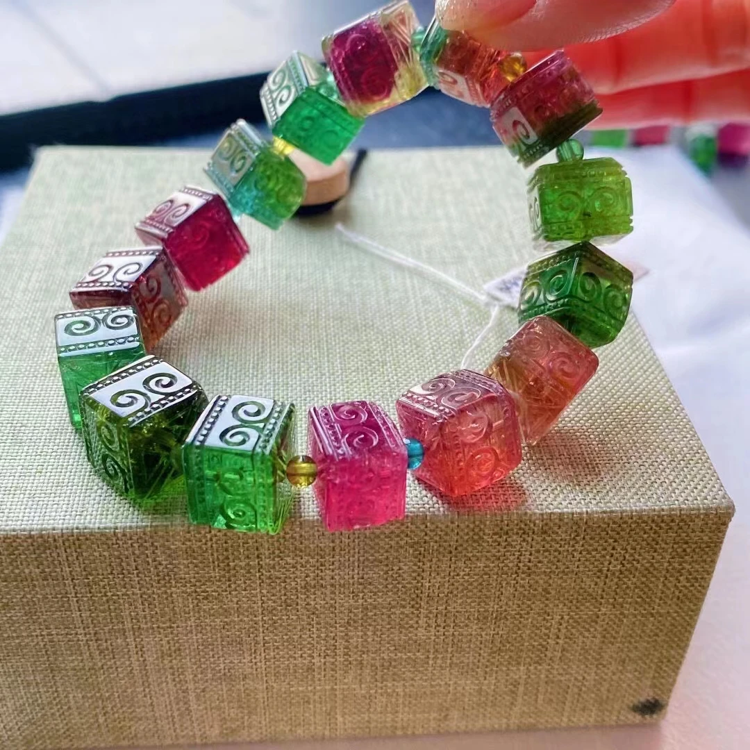 

Genuine Natural Colorful Tourmaline Bracelet Bangle 12/12/11mm Clear Cube Carved Beads Women Men Red Green Tourmaline AAAAA
