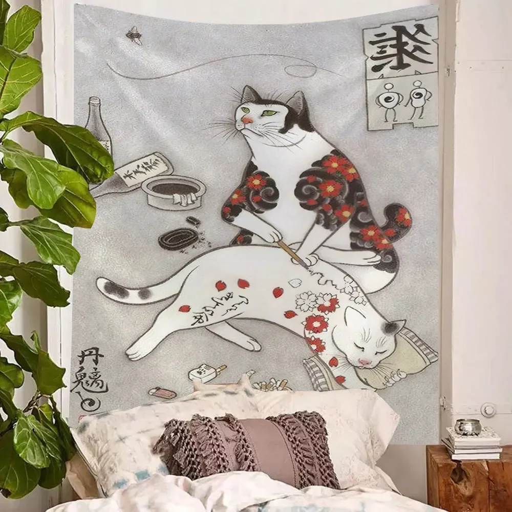 Японский самурай татуировка кошка аниме гобелен настенное искусство мультфильм