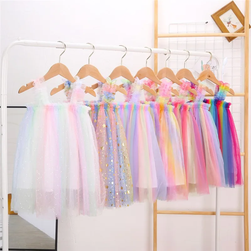 

1-7Y Baby Girl Mesh Dress Summer Fashion Sling Rainbow Princess Dress 2022 New Sleeveless Patchwork Kids Clothes Girls Costumes