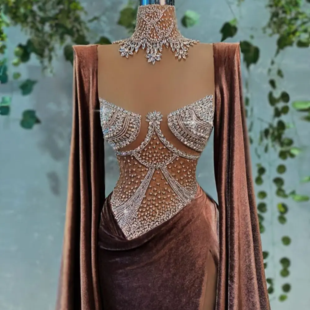 

Dubai High Neck Crystals Elegant Evening Dress with Cape Sleeves 2022 Mermaid Robe de Mariage Women Long Prom Party Gowns