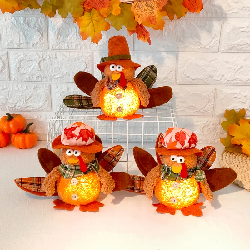 

Autumn Harvest Turkey Plush Dolls with LED Light Thanksgiving Day Turkey Gnome Ornaments Christmas Halloween Gift Glowing Toys