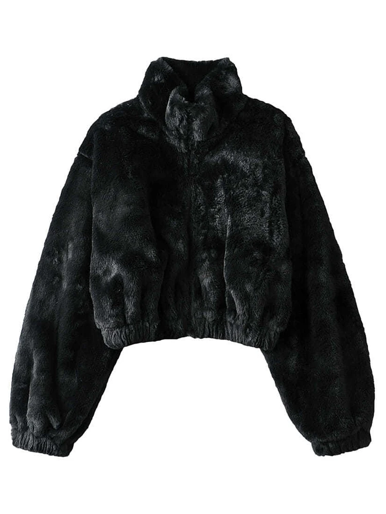 Fashion Stand Collar Long-sleeved White Furry Coats Women 2022 Autumn Winter Retro High Street Loose Warm Tops Casual Outwear