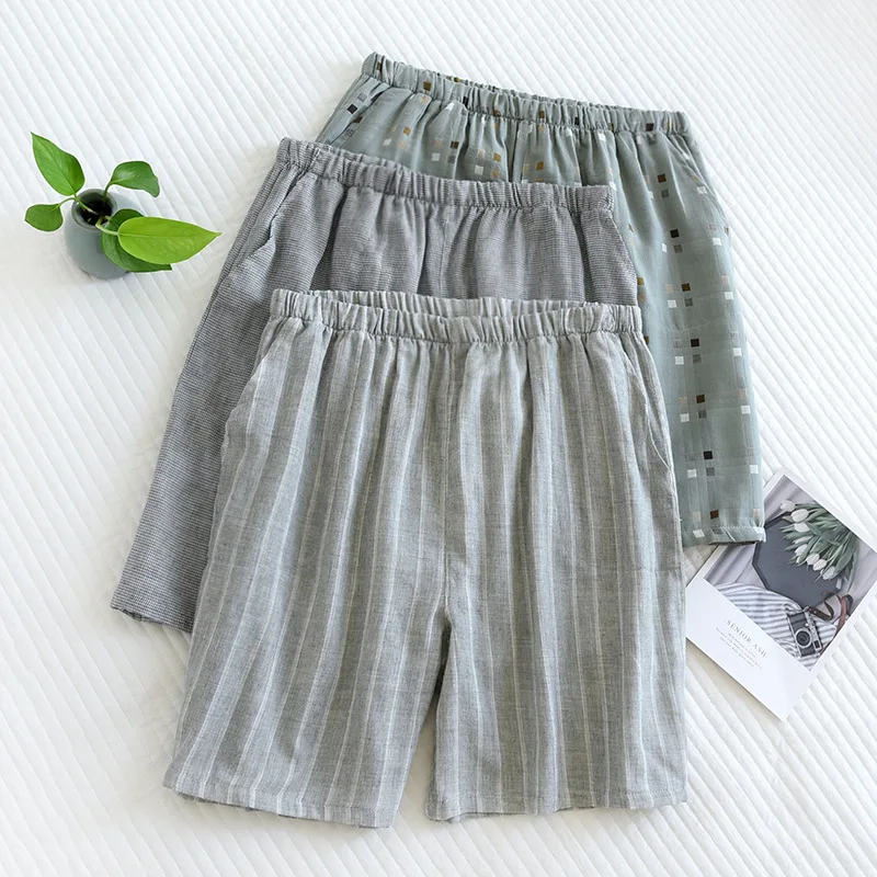 

Брюки в клетку Пижама домашняя Марля Новинка Лето 100% хлопковые шорты размер пляжные большие пижамы мужские японские повседневные