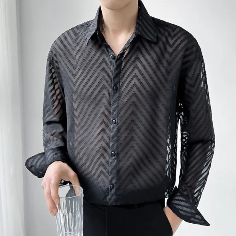 

Loose Hollow See-through Shirt Men Long Sleeve Casual Fashion Shirt Streetwear Social Party Tuxedo Singer Stage Chemise Homme