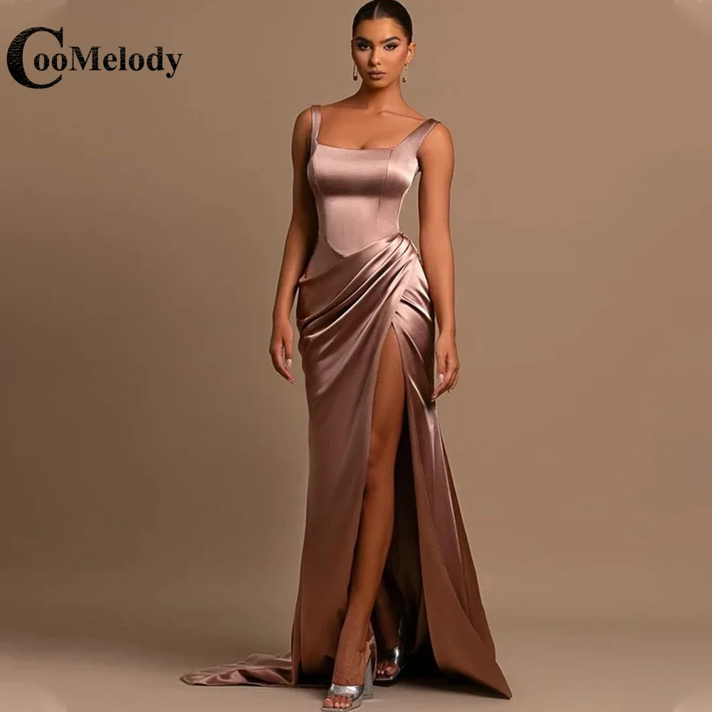 

Coomelody Graceful Square Collar High Slit Satin Prom Evening Gowns Pleat Backless Sleeveless Mermaid Party Dresses Abendkleid