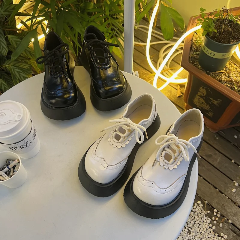 

White Cute Lace-up Thick-soled French Retro Shoes Women's 2022 Autumn New British Style Women's Shoes Platform Shoes Kawaii