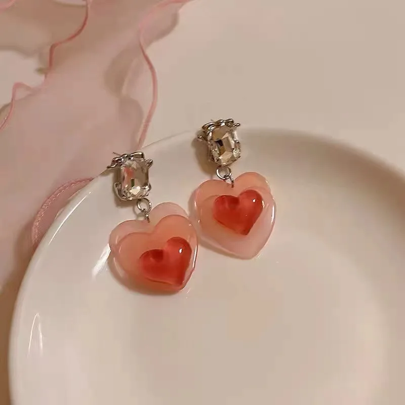 New Korean Gradient Color Love Heart Light Luxury Niche Design Senior Square Zirconia Sweet Ladies Earrings Dating Party Jewelry