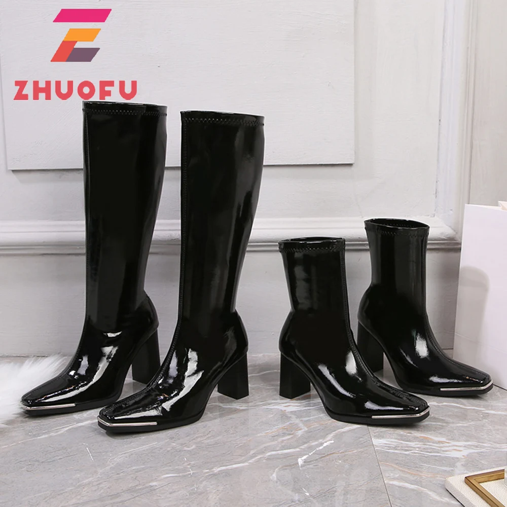 

ZHUOFU High Heel Women Long Boots Square Toe Heeled Boots Zipper Patent Leather Stretch Femininas Chunky Heel Ankle Women Shoes