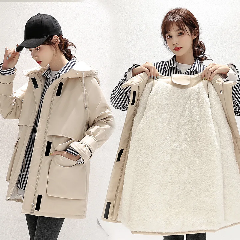 Women's Winter Korean Style Loose Plus Velvet Thickening Warm Quilted Jackets Mid-length Parkas Cotton Coat Hooded Padded Jacket