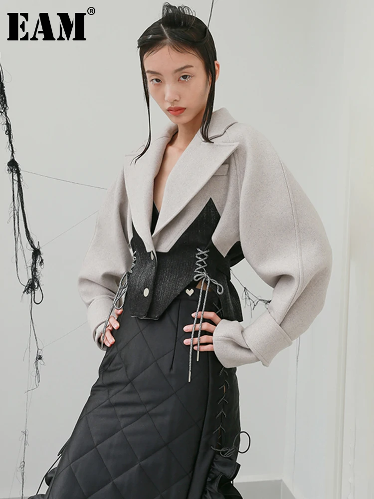 

[EAM] Loose Fit Contrast Color Bandage Short Woolen Coat Parkas New Long Sleeve Women Fashion Tide Autumn Winter 2023 1DD2169