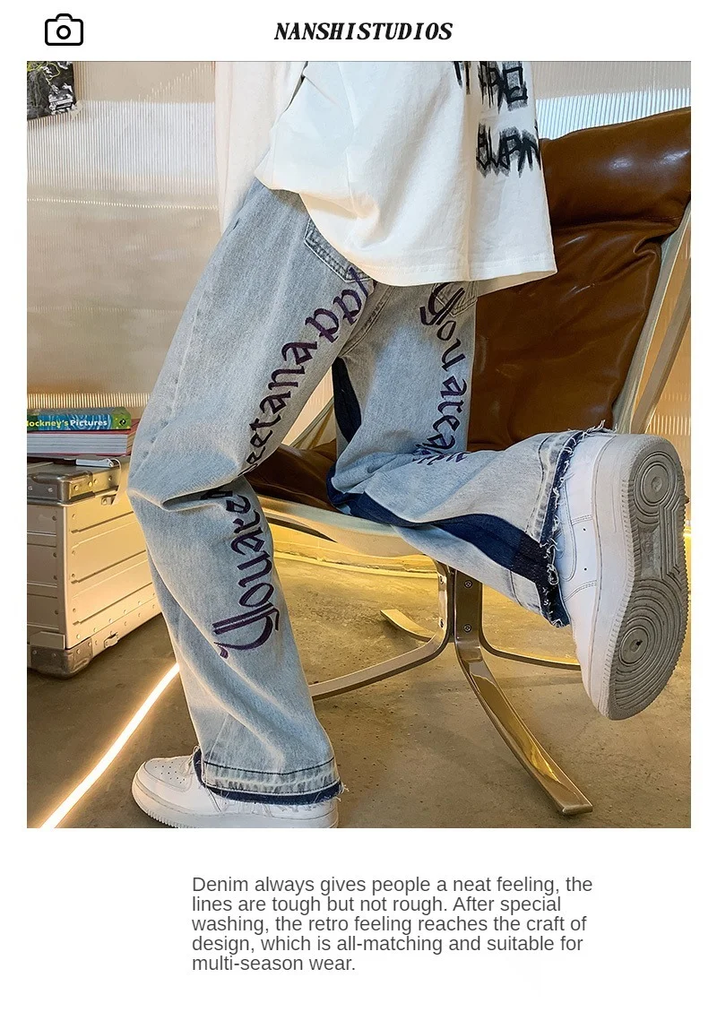 New Hip Hop Letter Printing Jeans For Men High Street Blue Black Jeans Homme Loose Straight Hearts Pants Moto Trouse men jeans