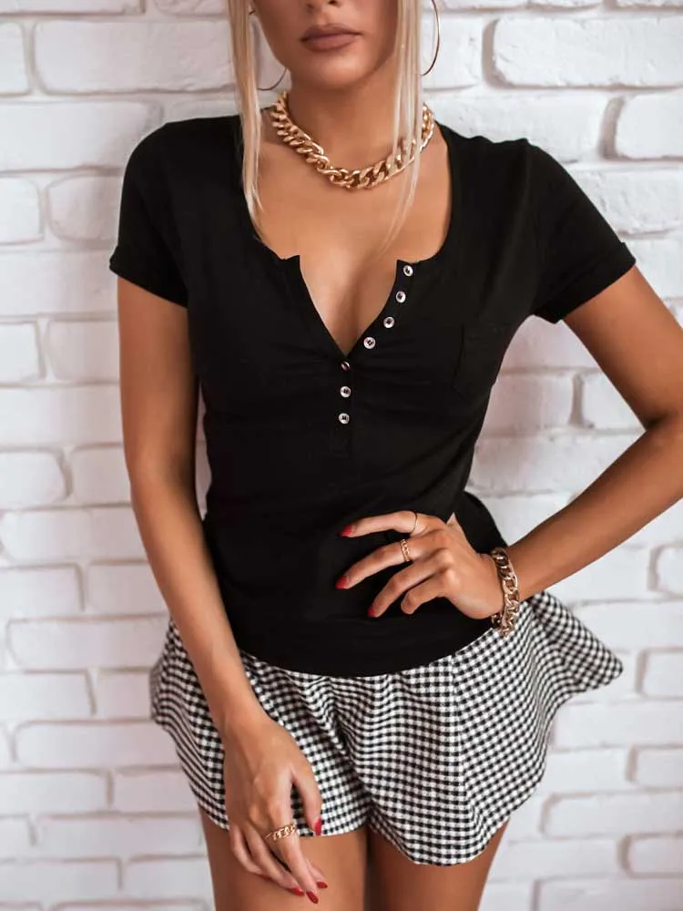 Футболка женская летняя однотонная на пуговицах с V-образным вырезом и коротким