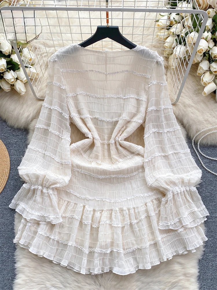 Женское шифоновое короткое платье с V-образным вырезом длинным рукавом