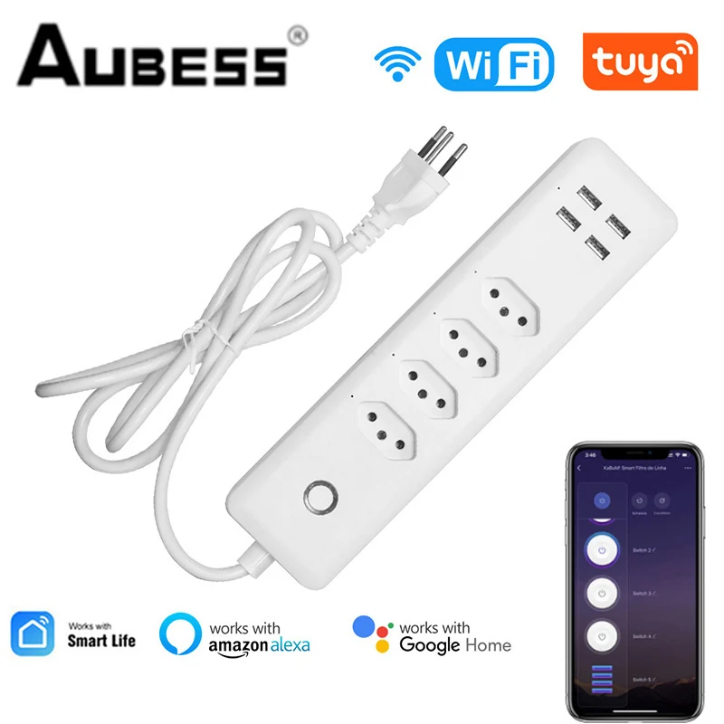 

AUBESS Wifi Smart Power Strip 4BR Standard Outlets Plug With 4 USB Charging Port Timing App Voice Control Work With Alexa Google