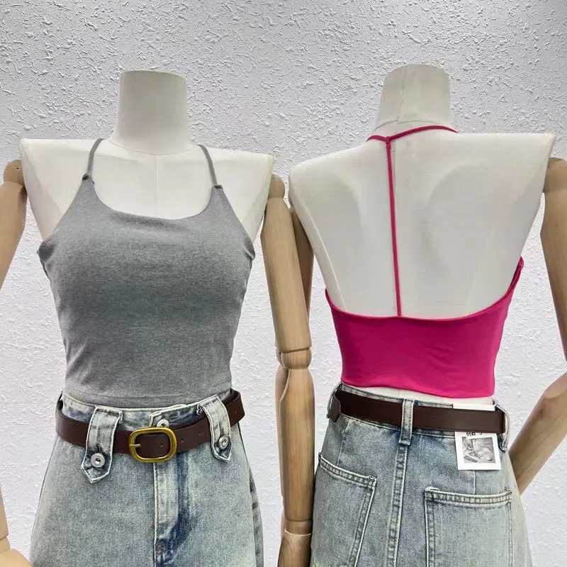

Summer Spice Girl Backless Hanging Neck Suspender Vest Girls Woman New Sweet Short T-shirt Bottoming Shirt Beach Holiday Top