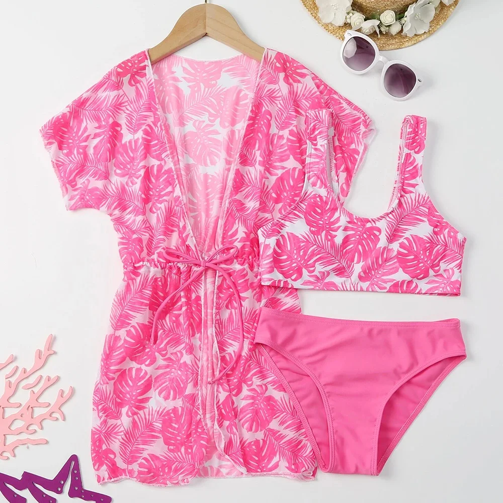 

Girls 3pack Tropical Plant Print Bikini Swimsuit Kids with Cover Up Kimono 7-14 Years Children's Swimwear Teen Bathing Suit 2023