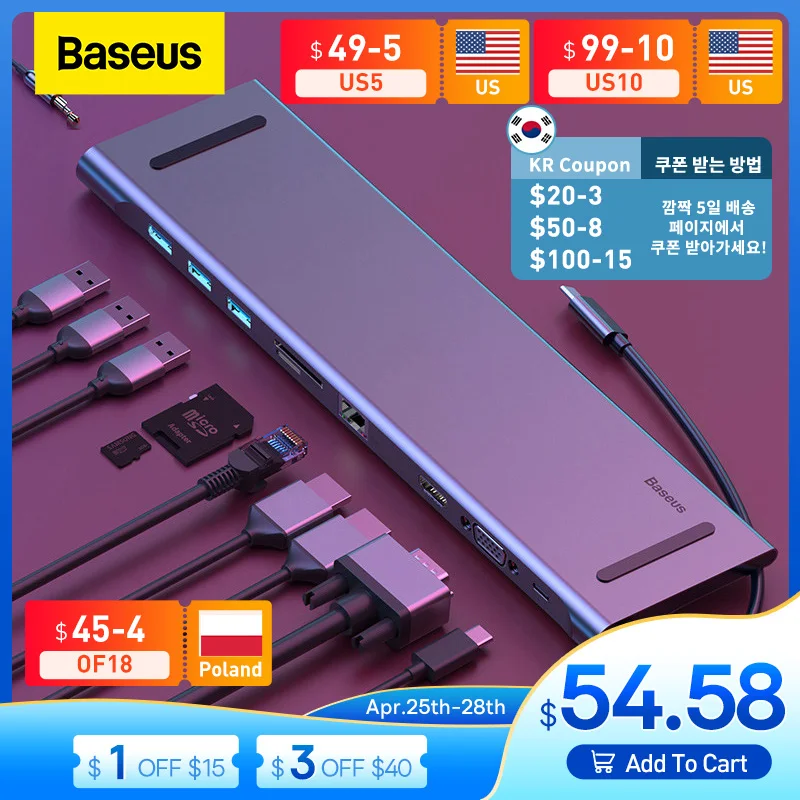 

Baseus USB Type C HUB to 3.0 USB HDMI-compatible RJ45 USB HUB for MacBook Pro USB Splitter Multi 11 Ports Type C HUB USB-C HUB
