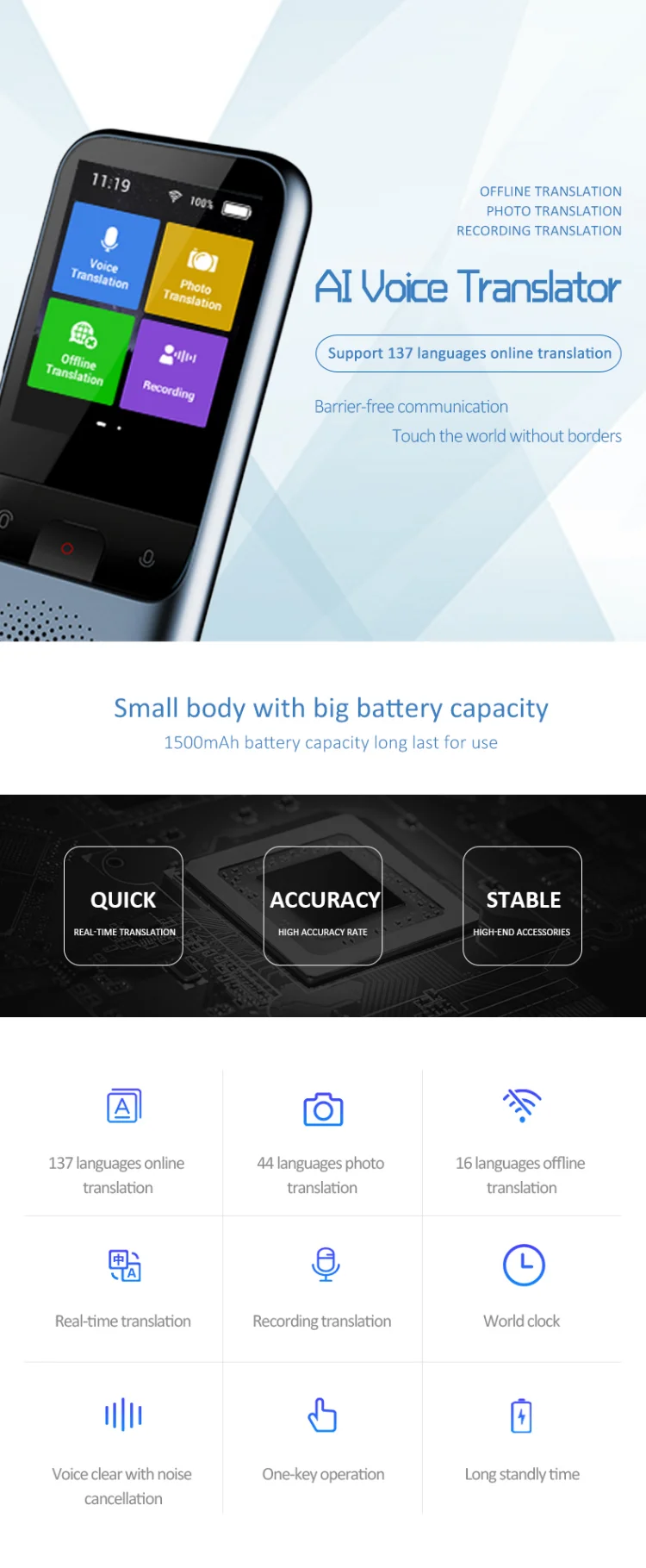 T11 Автономный перевод Портативный 137 умный переводчик глобального языка