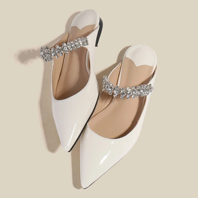 Fashion Pointed Sandals 2023 Summer New Diamond Chain High-heeled Shoes Baotou Muller Semi-slippers Frosted Flat Women's Shoes