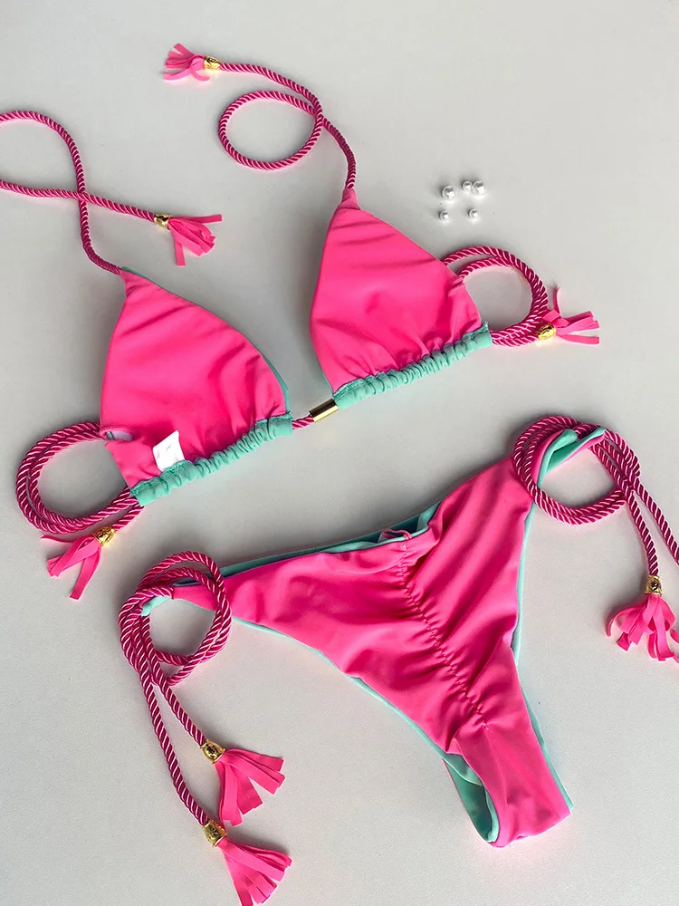 

Sexy Push Up 2 Piece Set Bikini 2022 Swimsuit Woman Double Side Female Swimwear Low Waist Tassels Bandage mujer