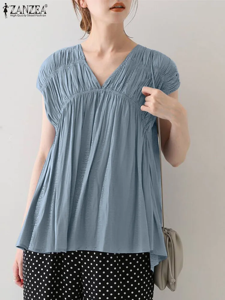 

ZANZEA Women Solid Shirring Tops Korean Fashion V-neck Sexy Blouse 2023 Summer Casual Blusas Vintage Short Sleeve Ruffled Shirts