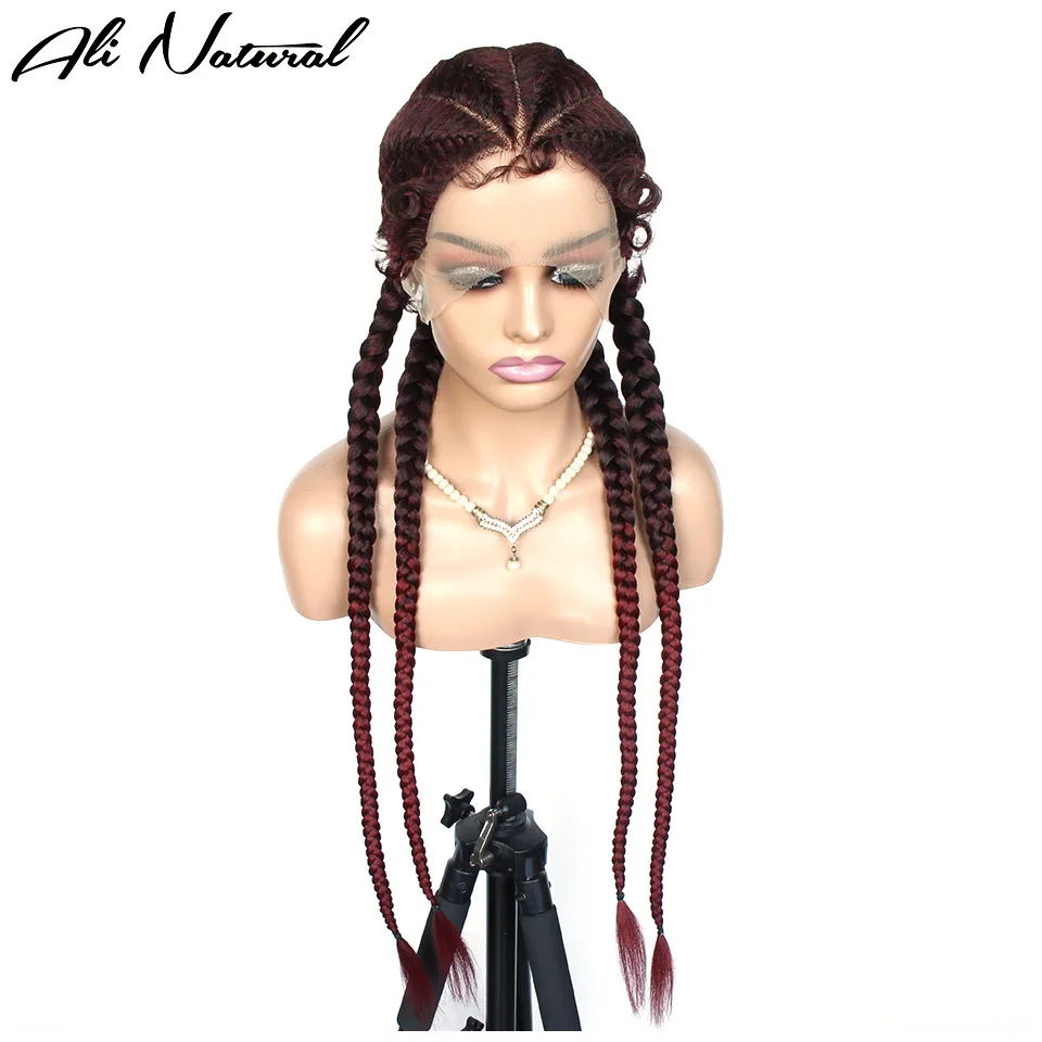 

99j Long Synthetic Cornrow Wigs Ombre 99j Hand Braided Lace Front 4 Braids Ponytails Wig Dark Burgundy Lace Frontal Box Braided