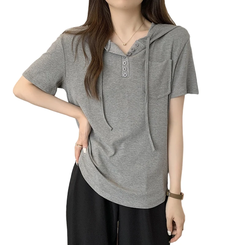 

Блузка женская с коротким рукавом и капюшоном, свободного покроя