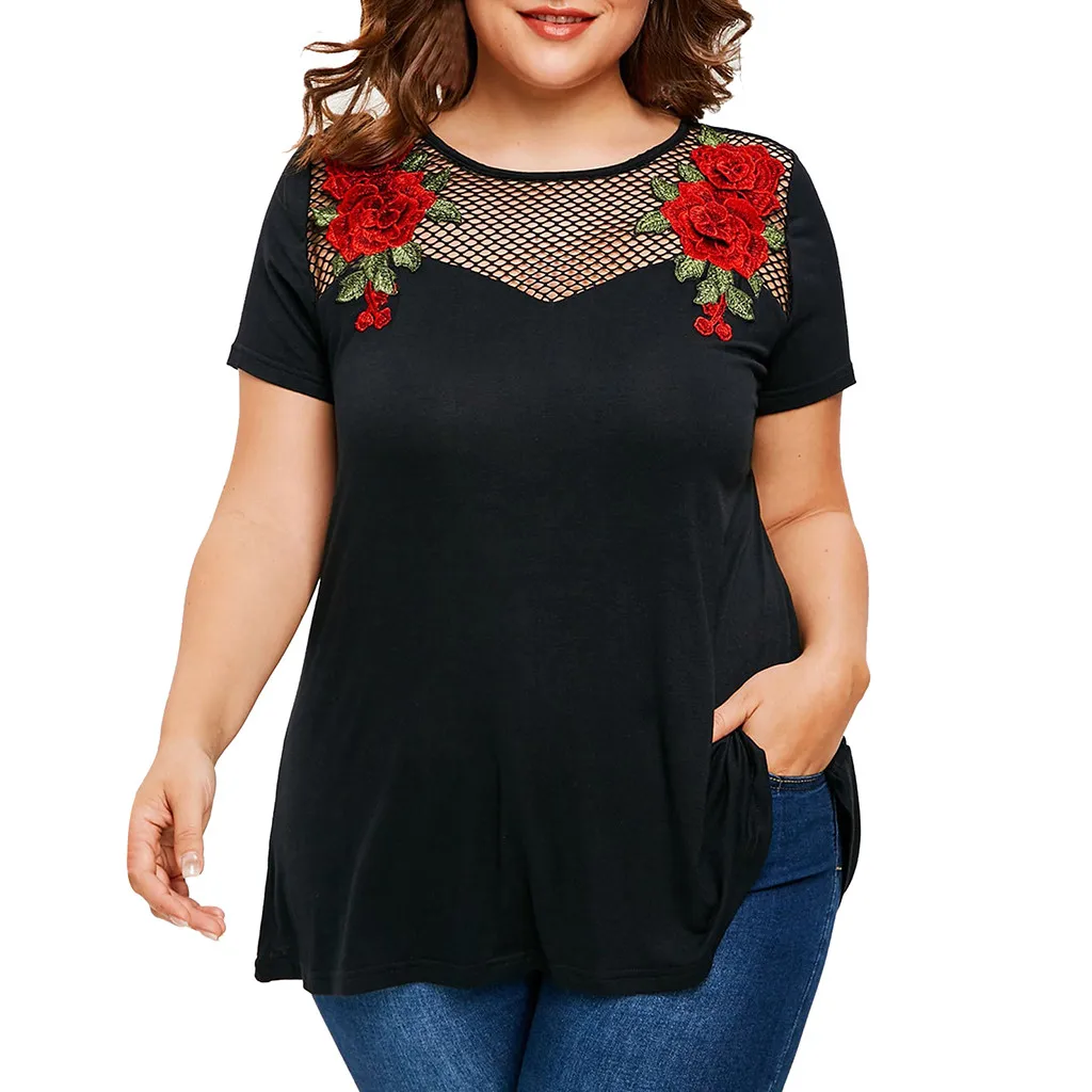 

Plus Size T-Shirts XL-5XL Fashion Women Short Sleeve Fishnet Panel Plus Size Tunic T-shirt Rose Embroidery Applique Tops T-Shirt