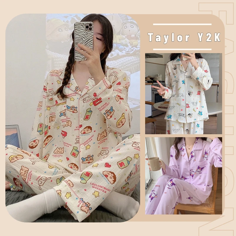 

2Pcs Crayon Shin-Chan Pajama Cartoon Anime Sanrio Kuromi Long Sleeve Trousers Fashion Ins Loose Thin Home Wear Suit Y2K Girls