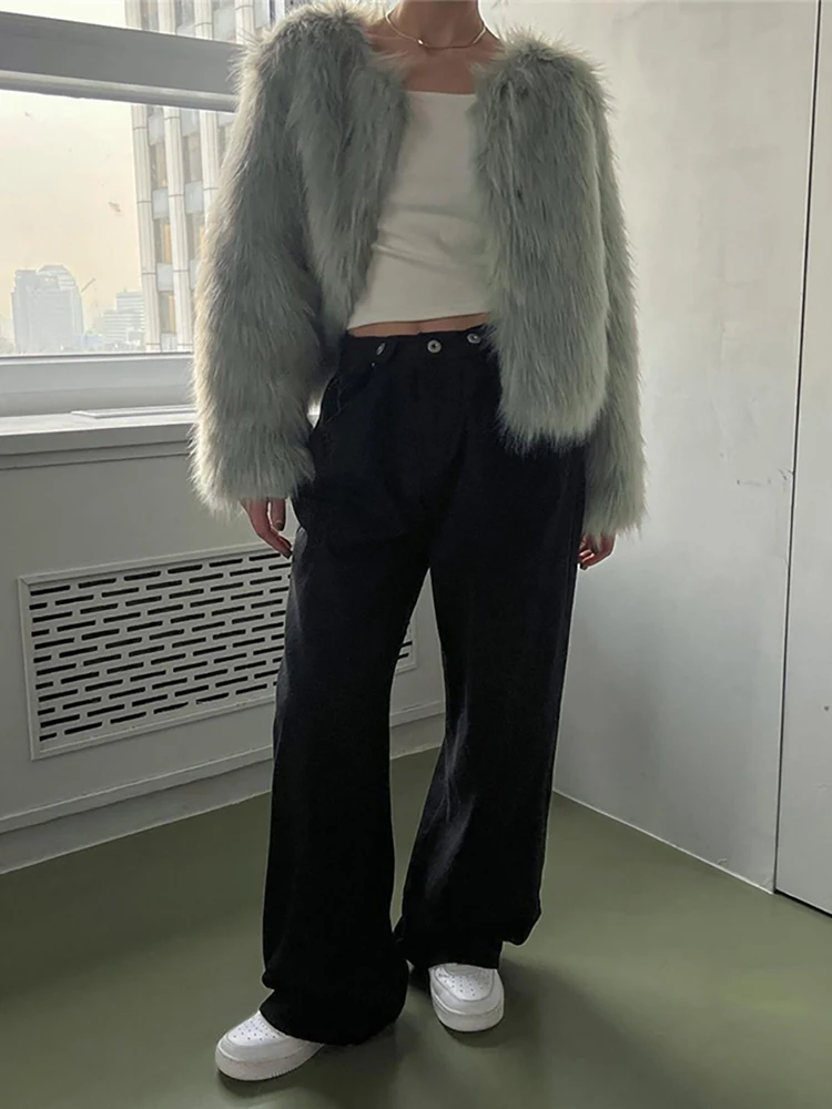 Goth Dark Faux Fur Coats Women Winter 2022 Autumn Y2k Korean Fashion Crop Jackets Gothic Elegant Slim Warm Outwear Streetwear