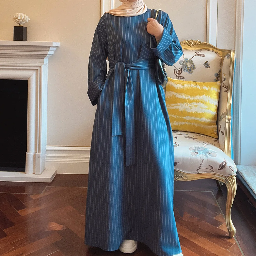 Dubai Abayas Türkiye Middle East Stripe Tunic Muslim Maxi Dresses for Women Vestidos Largos Moroccan Kaftan