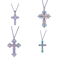 hollow crosses pendant necklace rainbow christ jesus charm filigree cross necklace for women men chain around neck collar gift