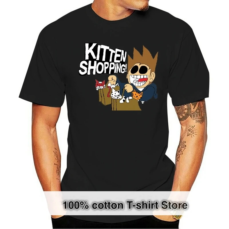 

100% Cotton Fashion Casual Shirt Eddsworld Kitten Shopping New T-Shirt Men's Black women tshirt