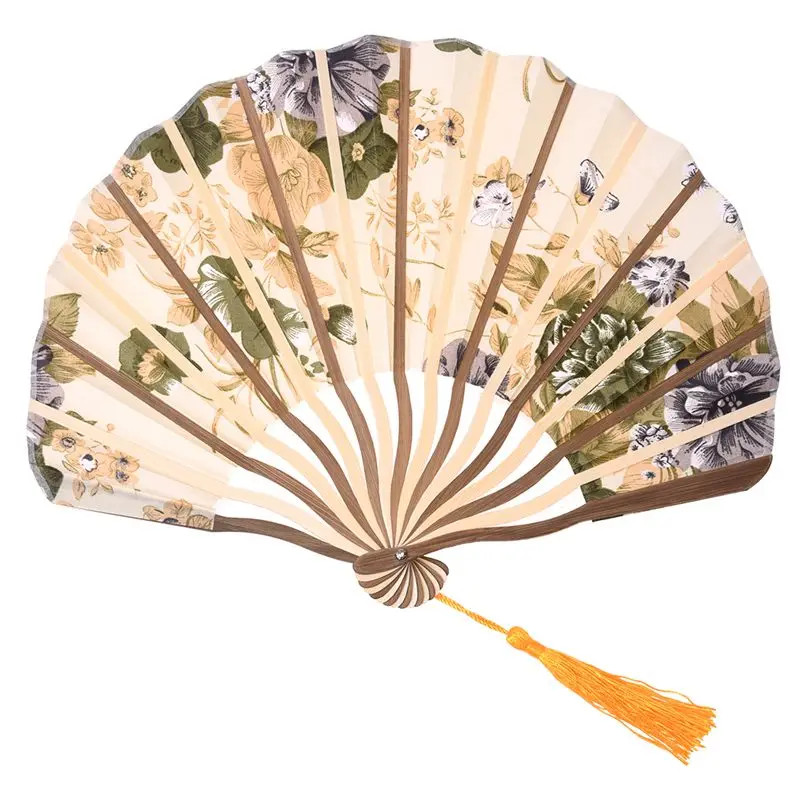 

Classic Style Peony Flower Fabric Bamboo Folding Dance Hand Fan Beige