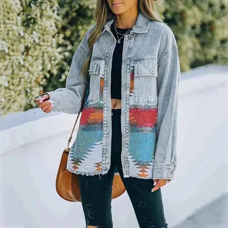 

Luxury Vintage Jeans Long Sleeve Women Patchwork Denim Jacket Harajuku Print Coat Autumn Winter Jacket Slim Fashion Outerwear