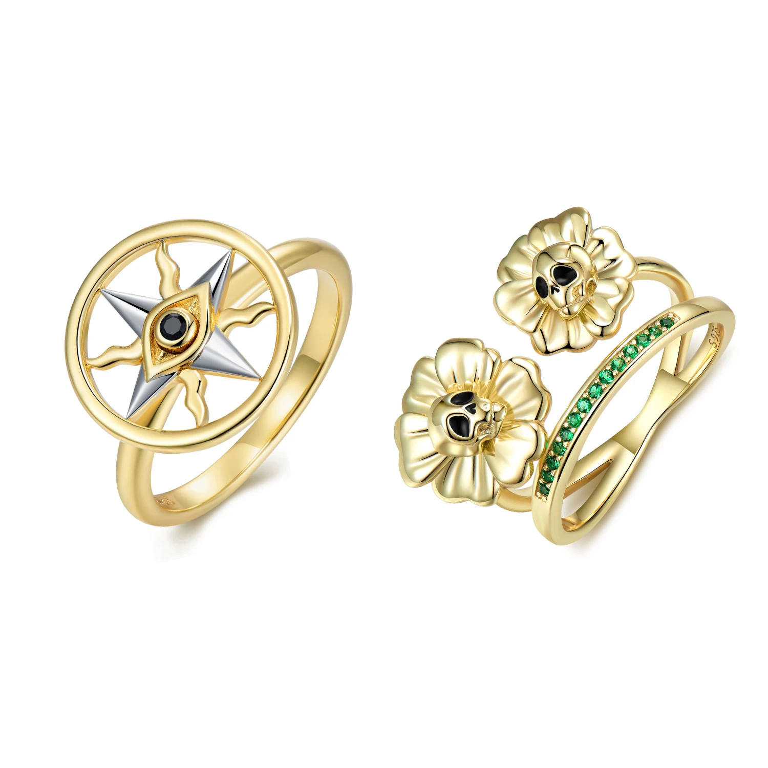 

KATAOKA Gold Skull Flower Devil's Blace CZ Eye 925 Sterling Silver Finger Ring Gold Plated Rings for Women Fine Jewelry Gifts