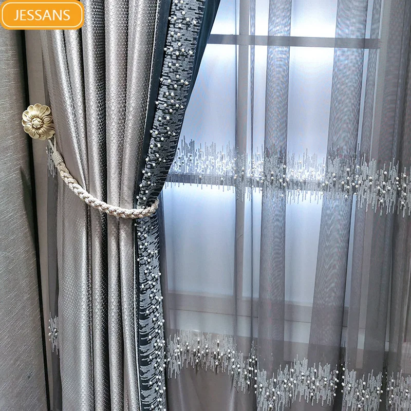 

Light Luxury Gray Jacquard High Precision Modern Simple European Small French Style Curtains for Living Dining Room Bedroom