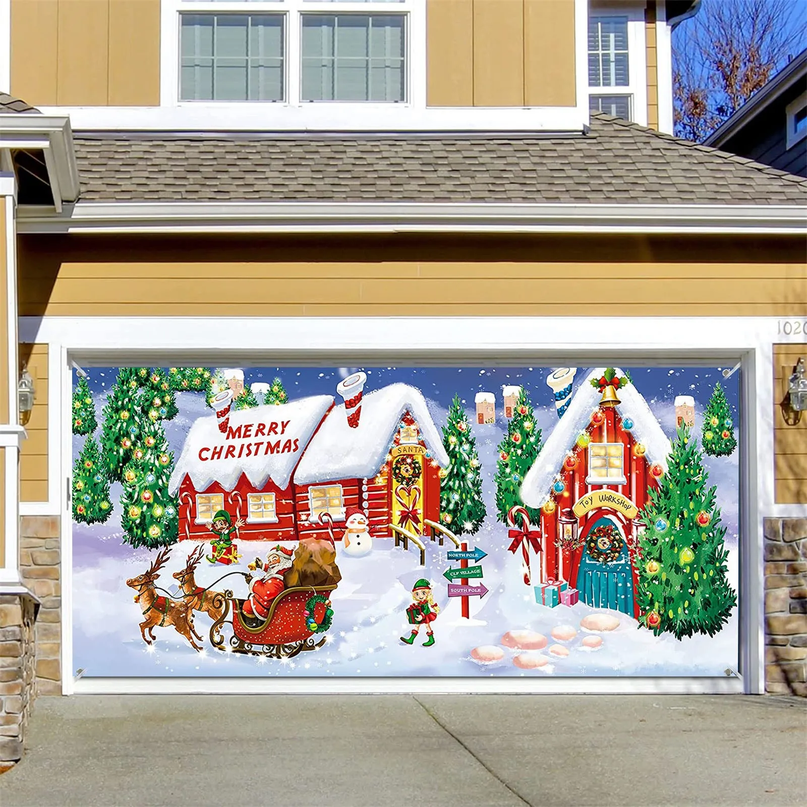 

7x16FT Merry Christmas Holiday Banner Garage Door Cover Mural Winter Snowman Santa Outdoor Large Door Cover Decoration Indoor