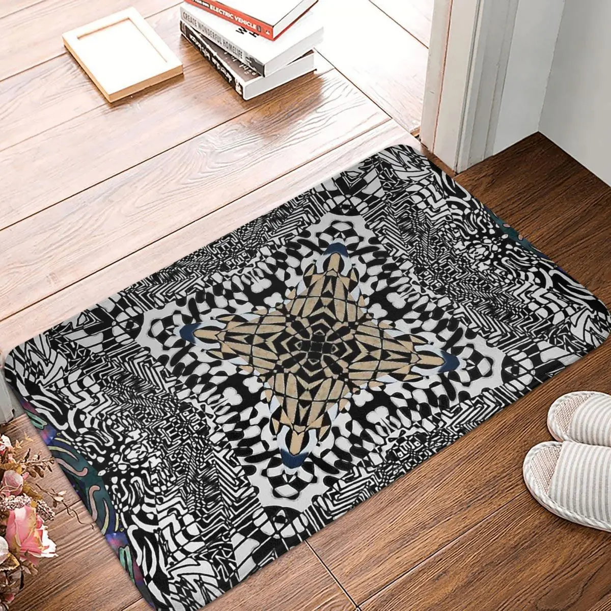 

Art Black Flowers Bathroom Non-Slip Carpet Mandala Deco Living Room Mat Entrance Door Doormat Home Decoration Rug