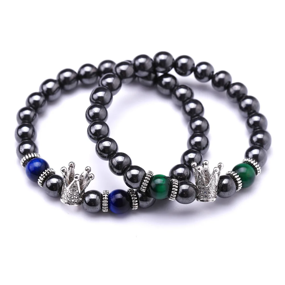 

Semi-Precious Rock Crystal Green Blue Tiger Eye Energy Bracelet & Bangle Women Men Gift Hematite Beaded Crown Health Bracelets