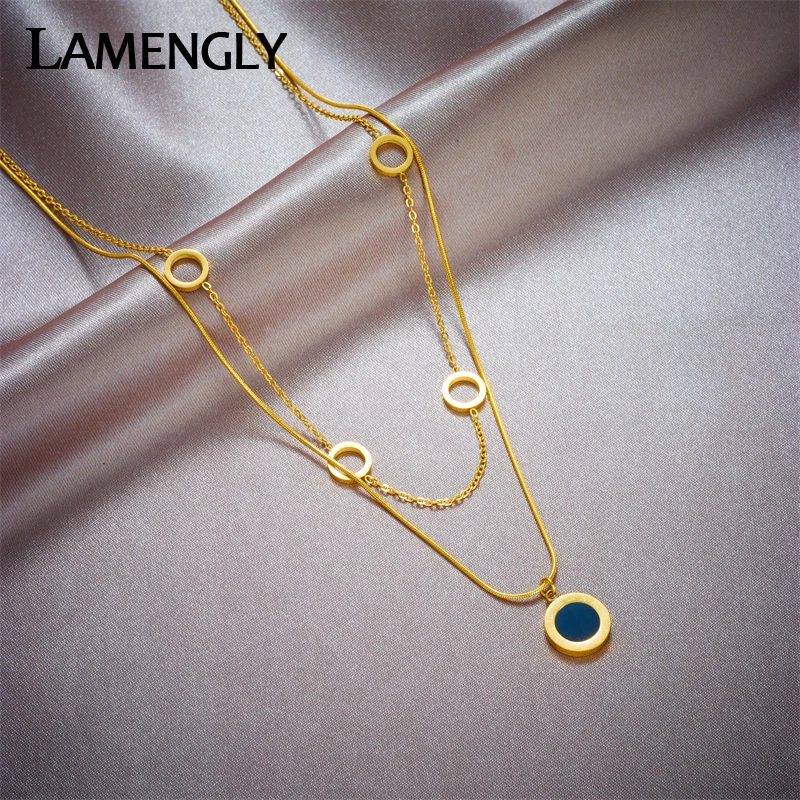 

LAMENGLY 316L Stainless Steel Round Roman Numerals Necklace For Women Girl Fashion 2in1 Chains Waterproof Jewelry Gift Party