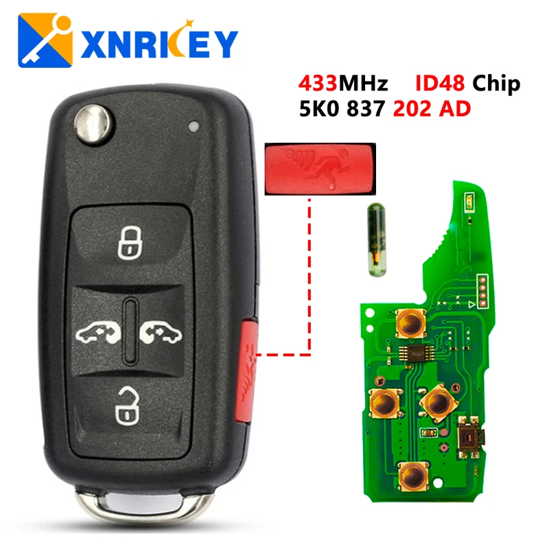 

XNRKEY 5 Button Car Flip Remote Key ID48 Chip 433Mhz for VW Volkswagen Sharan Multivan Caravelle Replacement Car Key 5K0837202AD