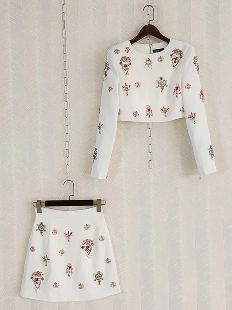 Женский однотонный костюм с юбкой и круглым вырезом короткая куртка длинным