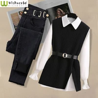 large autumn and winter suit for women 2022 new korean fashion knitted vest shirt casual slim jeans three piece set