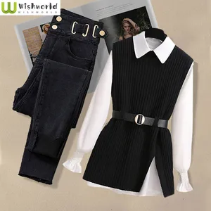 Imported Large Autumn and Winter Suit for Women 2023 New Korean Fashion Knitted Vest Shirt Casual Slim Jeans 