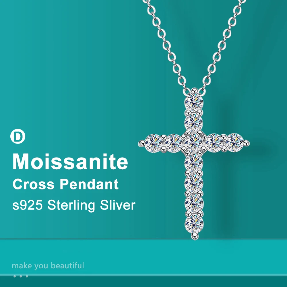 

Full Moissanite Cross Pendant Necklace Original 925 Sterling Sliver Chain Plated 18k White Gold Fine Necklace for Women