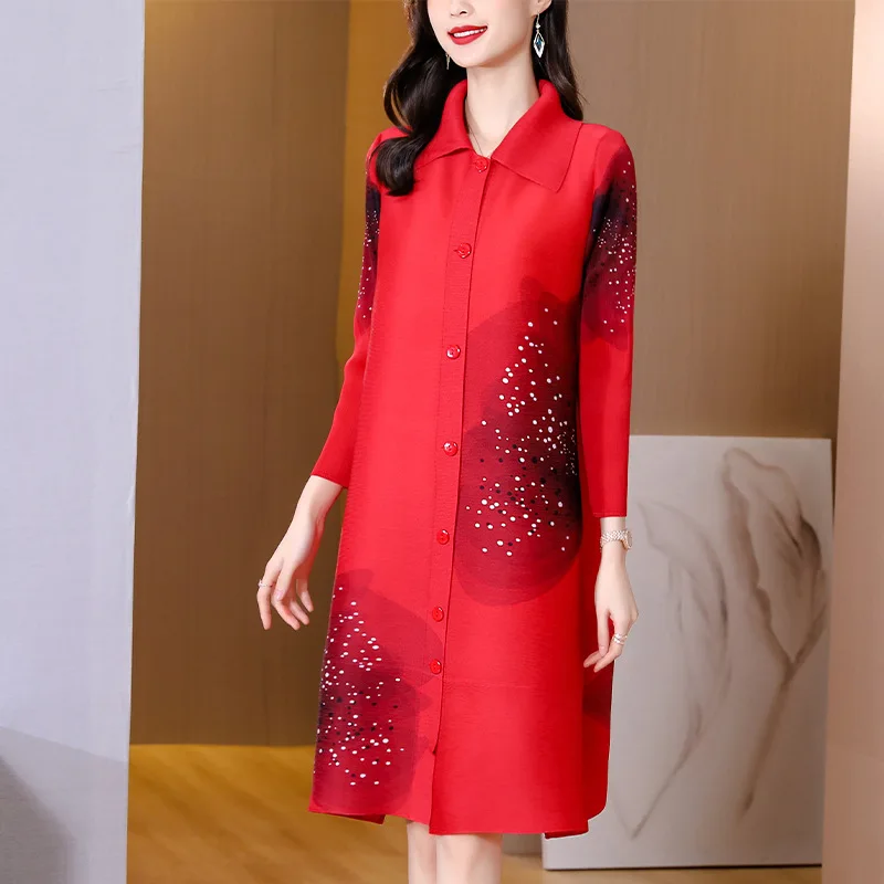 

Miyake Pleated Dress Women's 2023 Spring and Summer New Printed Loose Large Size Square Collar Single-breasted Mid-length Skirt