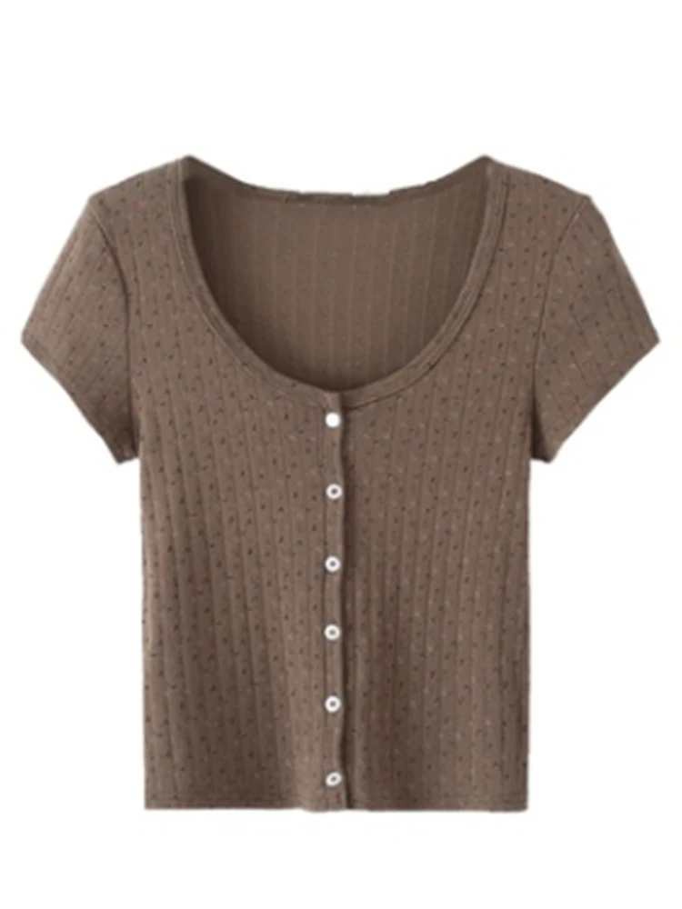 

Casual Women Brown O Neck Hollow Button Slim Cardigan Tees 2022 Summer Fashion Ladies Casual Female Knitted Short Sleeves Top