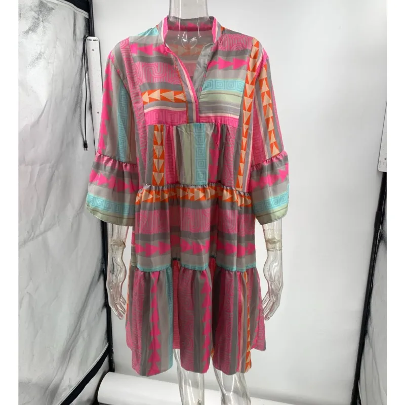 Женское свободное платье средней длины Осенний пуловер с V-образным вырезом и