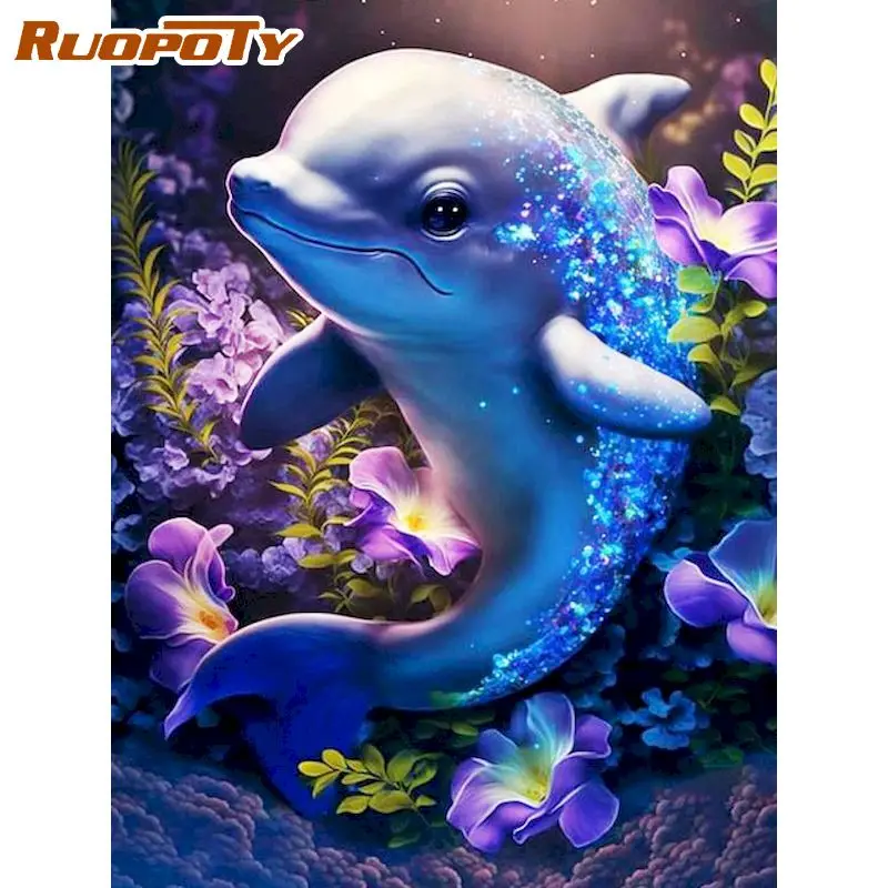 

RUOPOTY Oil Painting By Numbers Kits For Adults Children Blue Dolphin Animal Paint By Number 40x50cm Framed Home Decor Photos